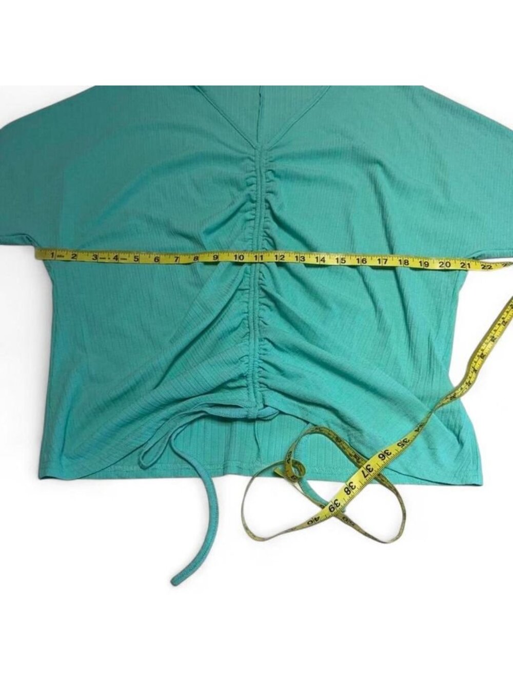 3/$20 Ruched Teal Short Sleeve Blouse Women’s 3X Plus Summer Flattering Ribbed - Picture 4 of 5